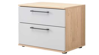 Nachtkommode Interliving aus Holz in Grau Interliving Kleiderschrank Serie 1207 – Nachtkommode Taupe & Balkeneiche – zwei Schubladen, Breite ca. 60 cm