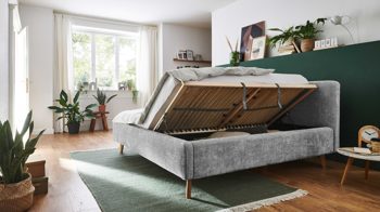 Bettgestell Meise.möbel aus Stoff in Grau Polsterbettgestell Mattis mit Bettkasten grauer Chenille Bezug Yunus 20 & Holzfüße - Liegefläche ca. 180 x 200 cm