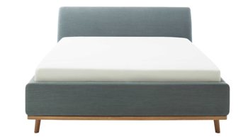 Polsterbett Meise.möbel aus Stoff in Blau Polsterbettgestell Mila mit Bettkasten und Holzrahmen, glattes Kopfteil oceanfarbener Flachgewebe-Bezug Capri 7463 - Liegefläche ca. 180 x 200 cm