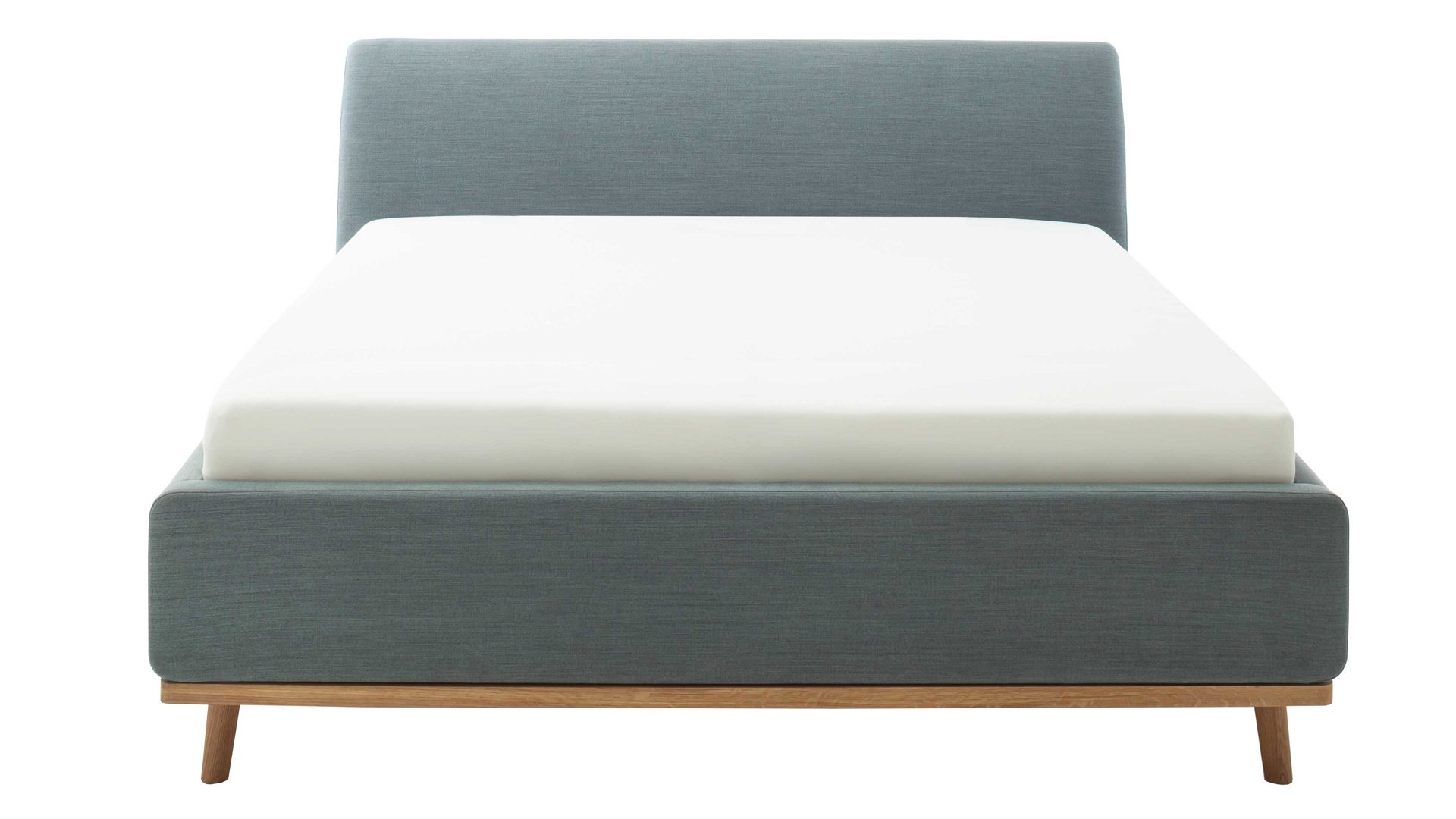 Polsterbett Meise.möbel aus Stoff in Blau Polsterbettgestell Mila mit Bettkasten und Holzrahmen, glattes Kopfteil oceanfarbener Flachgewebe-Bezug Capri 7463 - Liegefläche ca. 180 x 200 cm