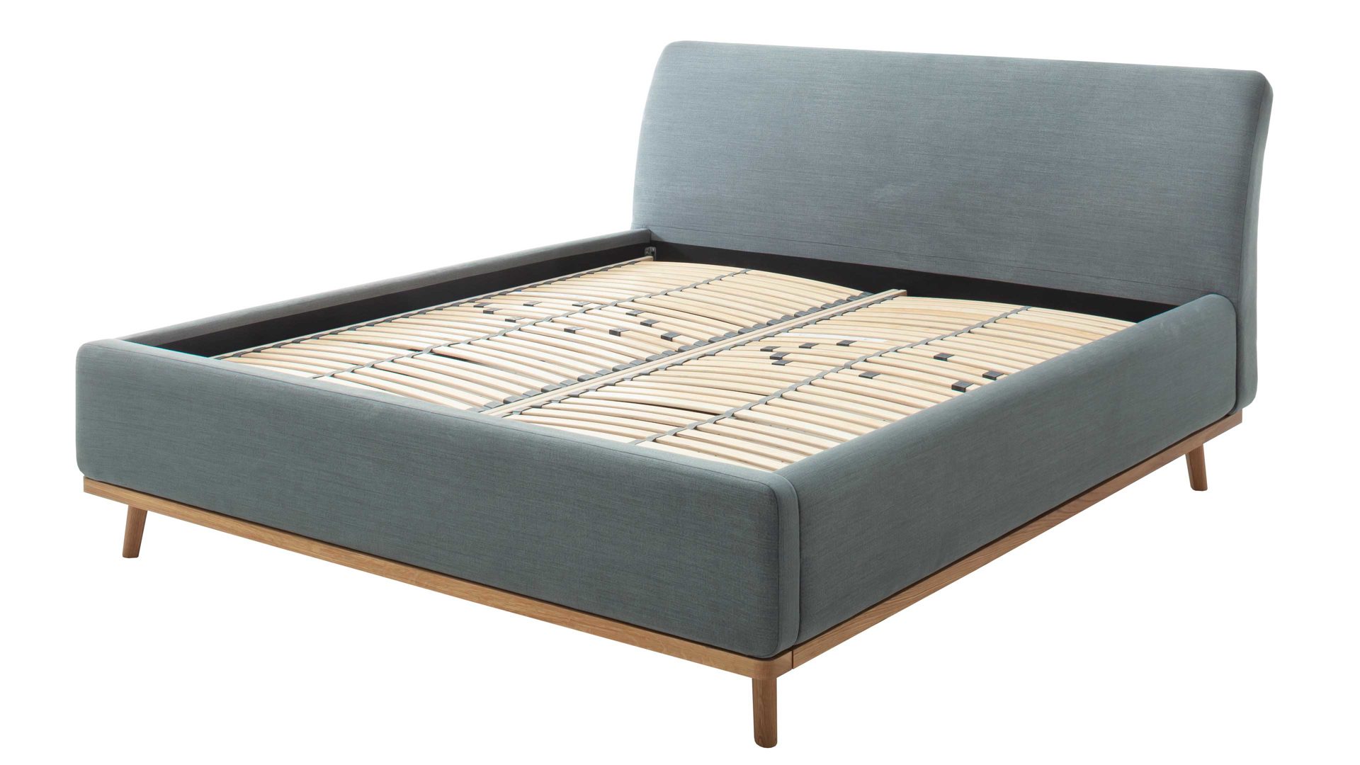 Polsterbett Meise.möbel aus Stoff in Blau Polsterbettgestell Mila mit Bettkasten und Holzrahmen, glattes Kopfteil oceanfarbener Flachgewebe-Bezug Capri 7463 - Liegefläche ca. 180 x 200 cm