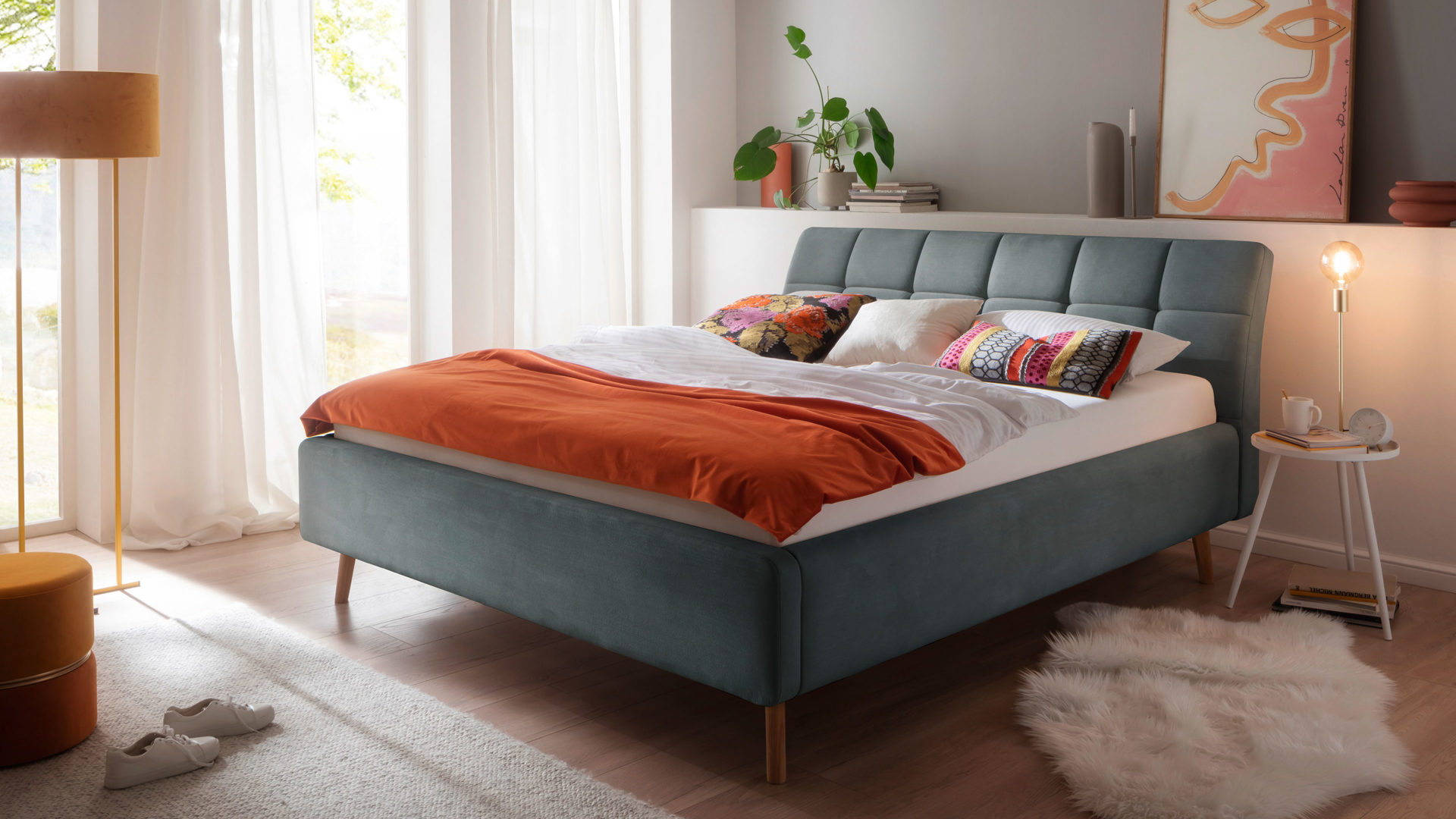 Polsterbett Meise.möbel aus Stoff in Blau Polsterbett Mila mit Bettkasten, gestepptes Kopfteil oceanfarbener Flachgewebe-Bezug Capri 7463 - Liegefläche ca. 180 x 200 cm