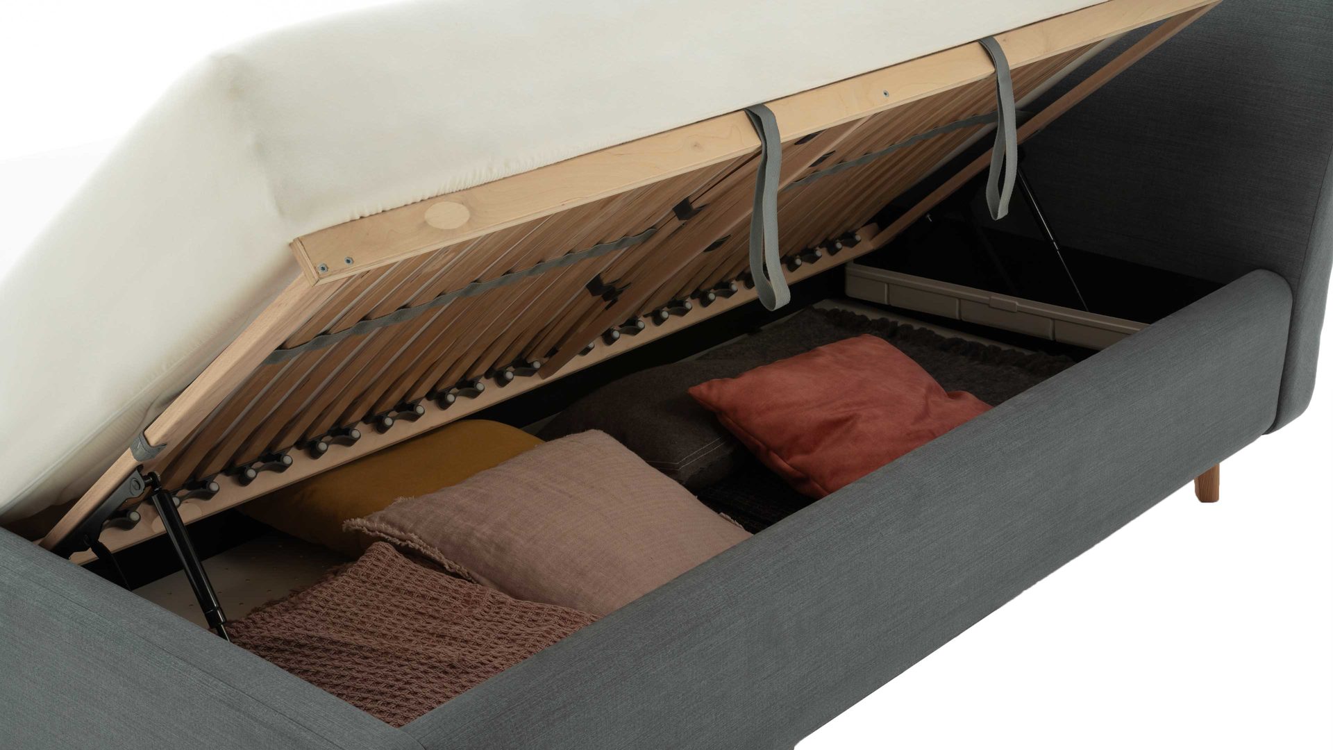 Polsterbett Meise.möbel aus Stoff in Blau Polsterbettgestell Mila mit Bettkasten, glattes Kopfteil oceanfarbener Flachgewebe-Bezug Capri 7463 - Liegefläche ca. 180 x 200 cm