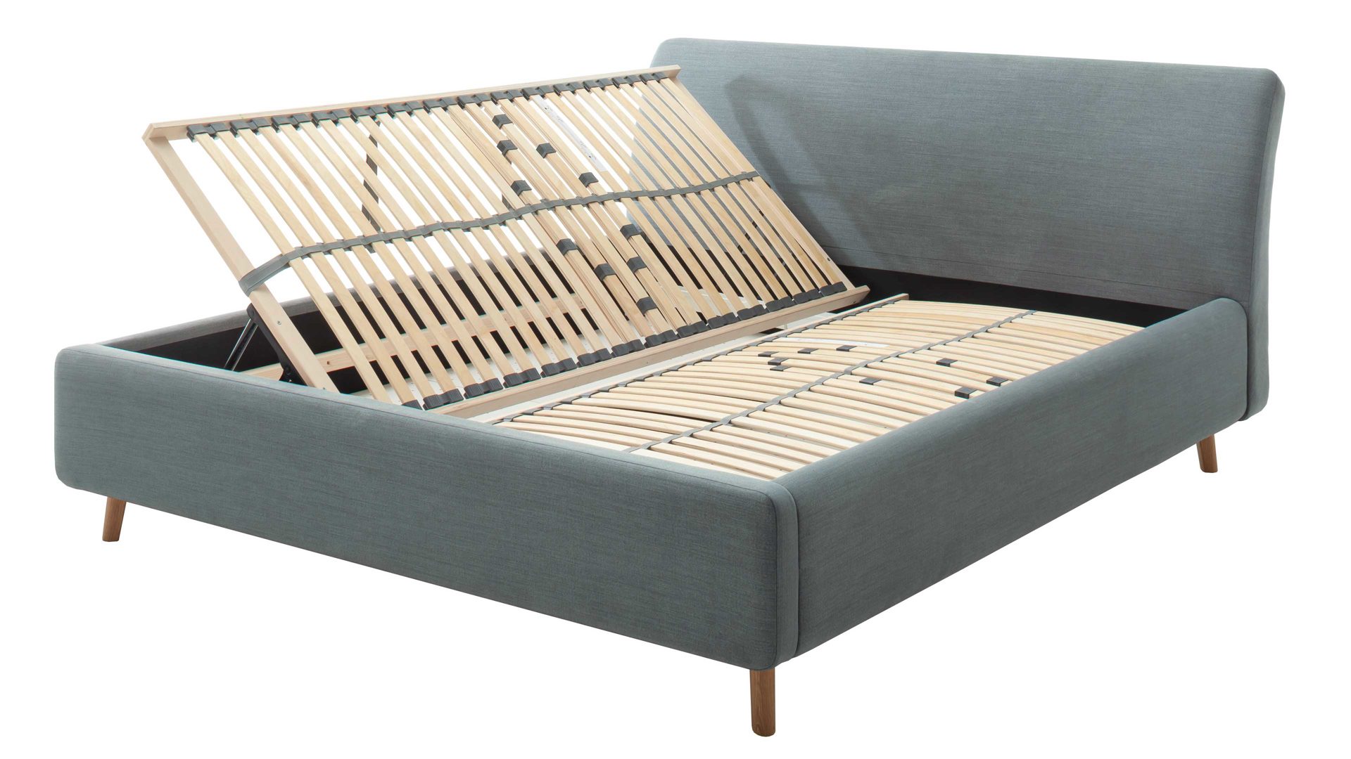Polsterbett Meise.möbel aus Stoff in Blau Polsterbettgestell Mila mit Bettkasten, glattes Kopfteil oceanfarbener Flachgewebe-Bezug Capri 7463 - Liegefläche ca. 180 x 200 cm
