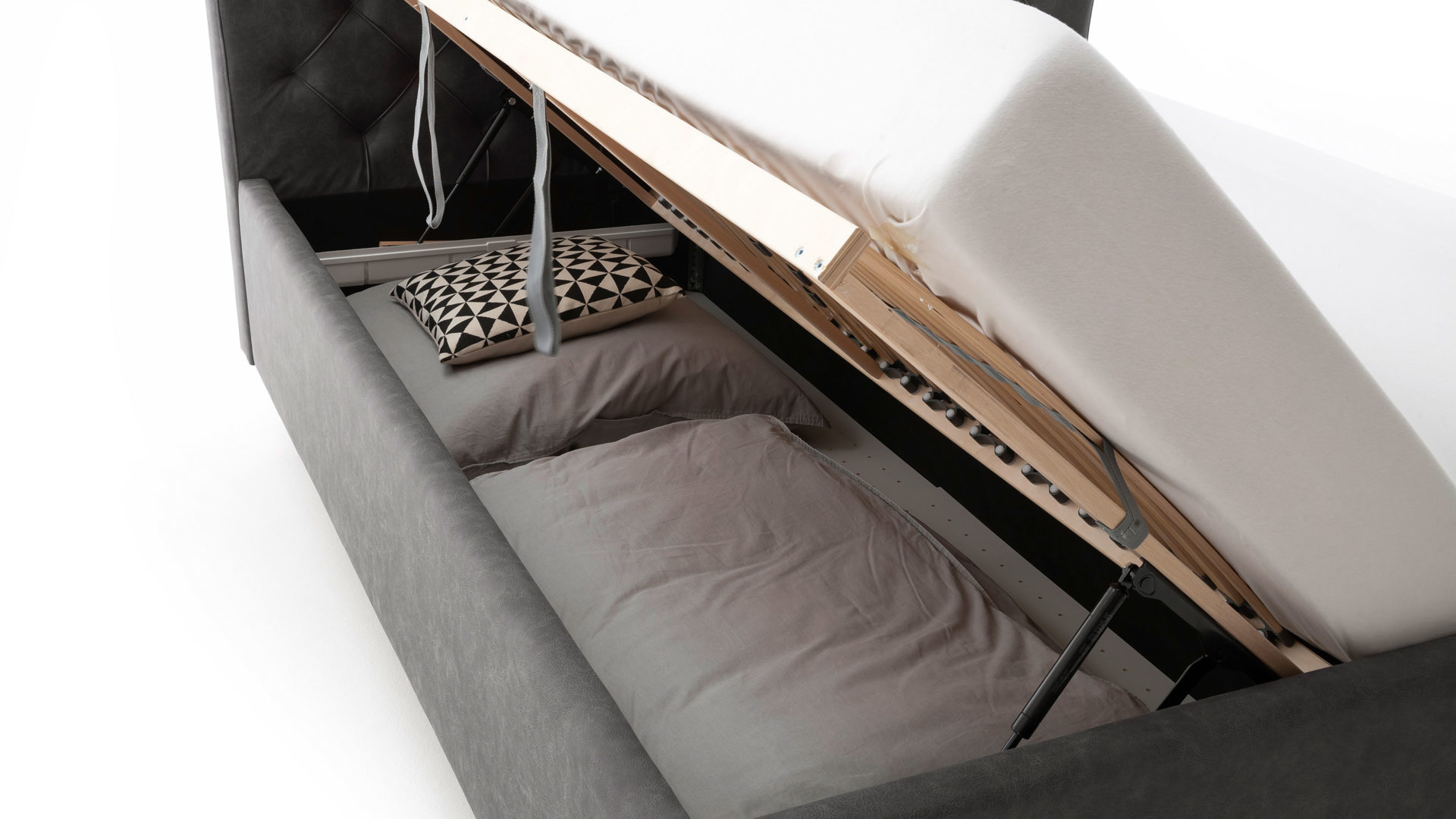 Polsterbett Meise.möbel aus Stoff in Anthrazit Polsterbett San Remo mit Bettkasten anthrazitfarbener Bezug Bulus 09 & schwarze Holzfüße - Liegefläche ca. 180 x 200 cm