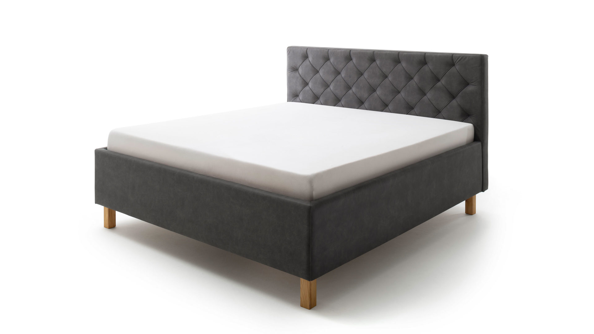 Polsterbett Meise.möbel aus Stoff in Anthrazit Polsterbett San Remo mit Bettkasten anthrazitfarbener Bezug Bulus 09 & eichefarbene Holzfüße - Liegefläche ca. 180 x 200 cm