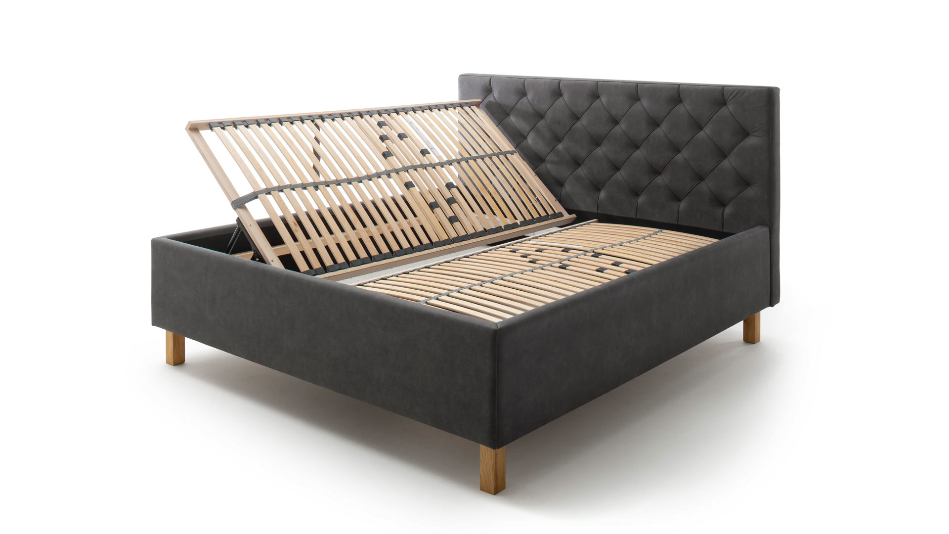 Polsterbett Meise.möbel aus Stoff in Anthrazit Polsterbett San Remo mit Bettkasten anthrazitfarbener Bezug Bulus 09 & eichefarbene Holzfüße - Liegefläche ca. 180 x 200 cm