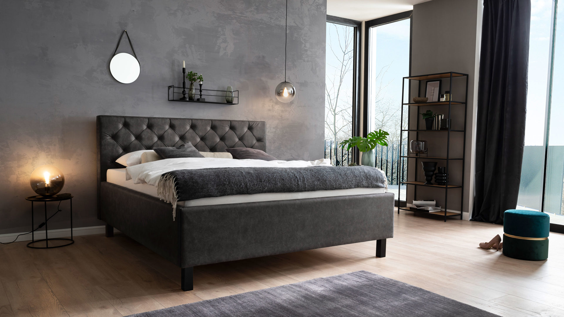 Polsterbett Meise.möbel aus Stoff in Anthrazit Polsterbett San Remo mit Bettkasten anthrazitfarbener Bezug Bulus 09 & schwarze Holzfüße - Liegefläche ca. 180 x 200 cm
