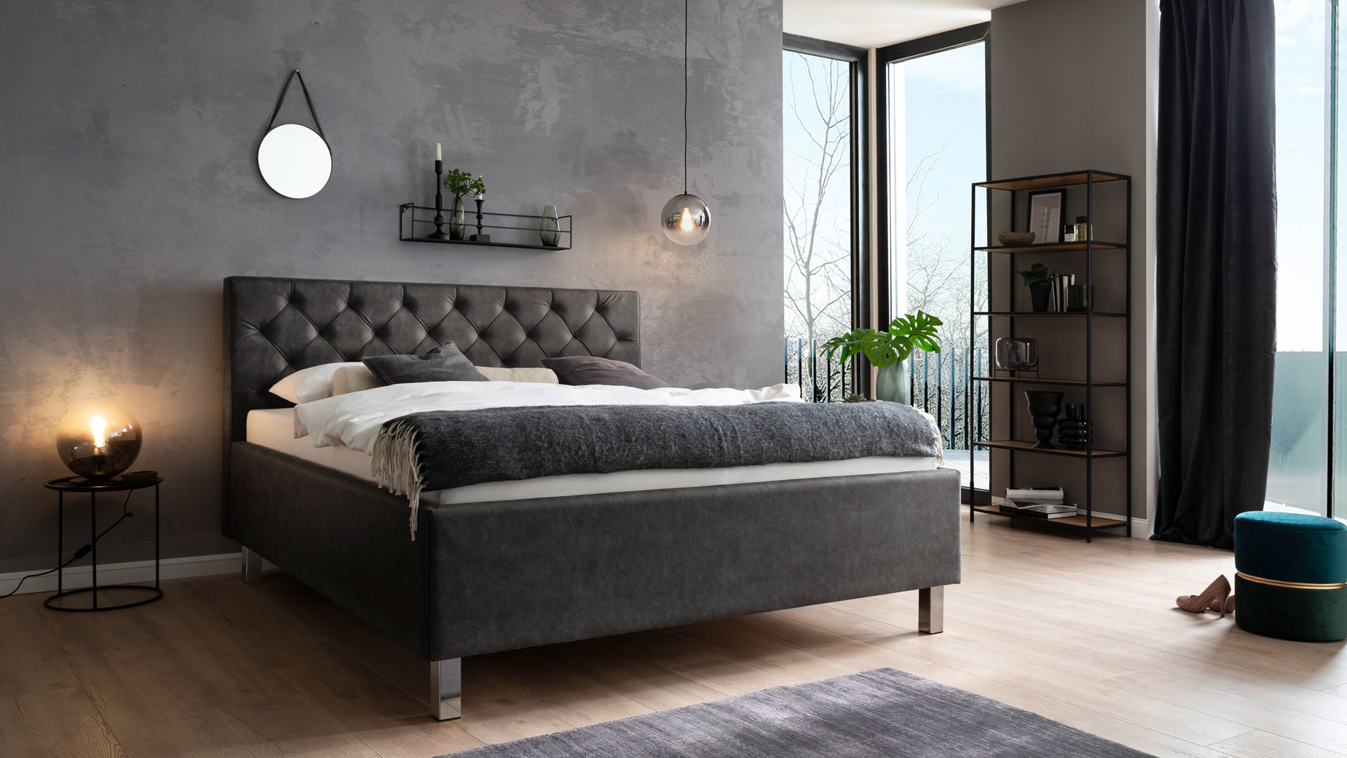 Polsterbett Meise.möbel aus Stoff in Anthrazit Polsterbett San Remo mit Bettkasten antrhrazitfarbener Bezug Bulus 09 & Metallfüße - Liegefläche ca. 180 x 200 cm