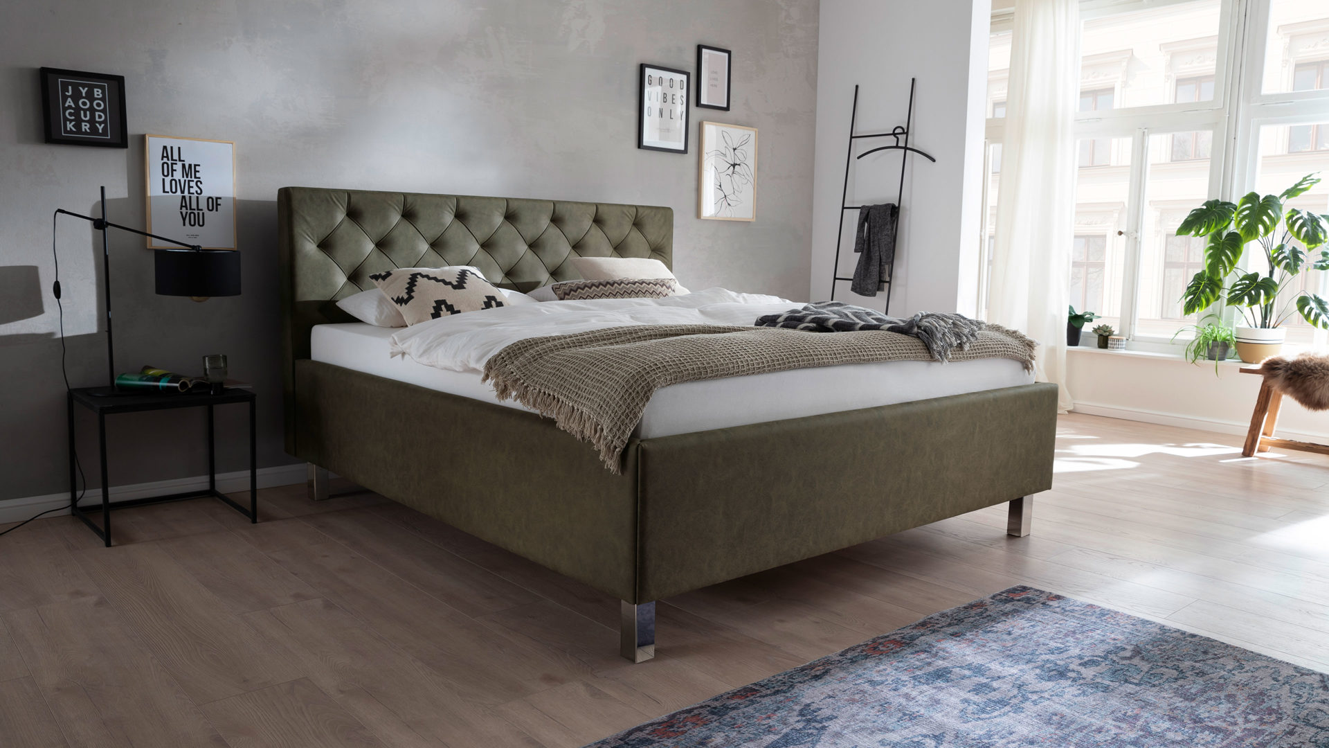 Polsterbett Meise.möbel aus Stoff in Grün Polsterbett San Remo mit Bettkasten grüner Bezug Bulus 17 & Metallfüße - Liegefläche ca. 180 x 200 cm