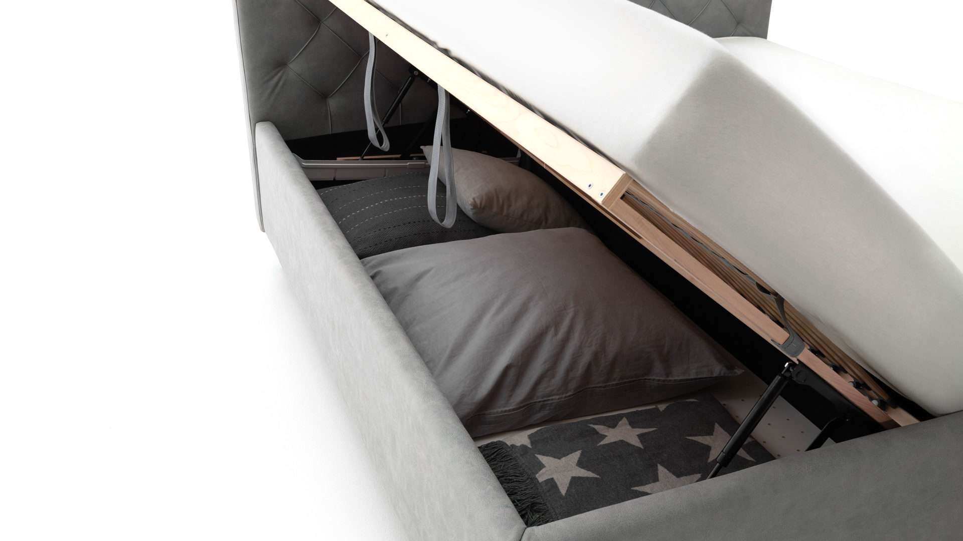 Polsterbett Meise.möbel aus Stoff in Hellgrau Polsterbett San Remo mit Bettkasten hellgrauer Bezug Bulus 32 & eichefarbene Holzfüße - Liegefläche ca. 180 x 200 cm