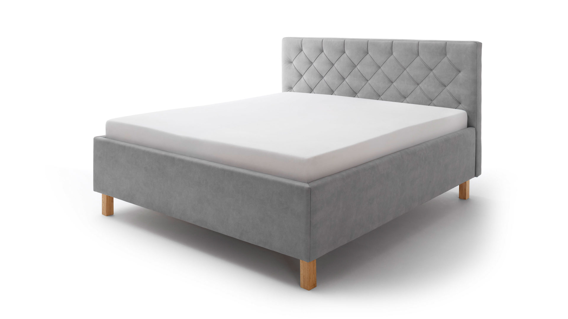 Polsterbett Meise.möbel aus Stoff in Hellgrau Polsterbett San Remo mit Bettkasten hellgrauer Bezug Bulus 32 & eichefarbene Holzfüße - Liegefläche ca. 180 x 200 cm