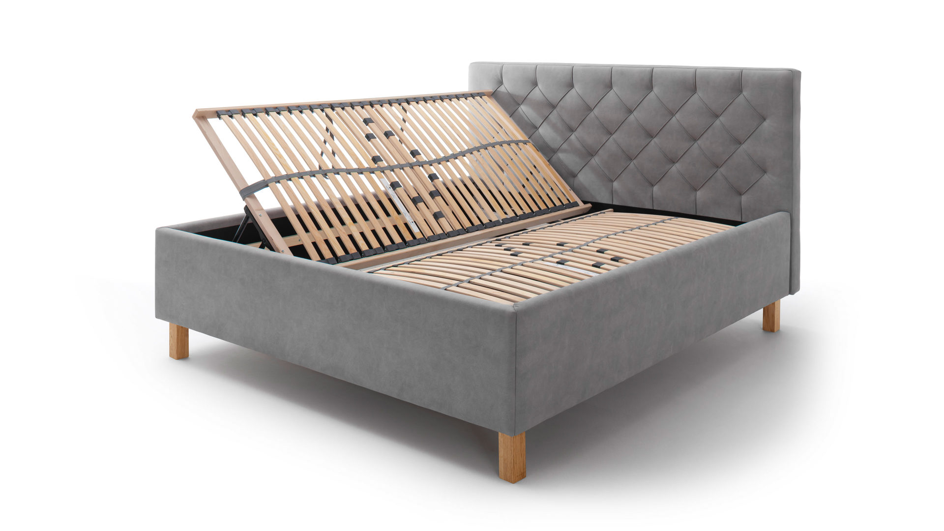 Polsterbett Meise.möbel aus Stoff in Hellgrau Polsterbett San Remo mit Bettkasten hellgrauer Bezug Bulus 32 & eichefarbene Holzfüße - Liegefläche ca. 180 x 200 cm