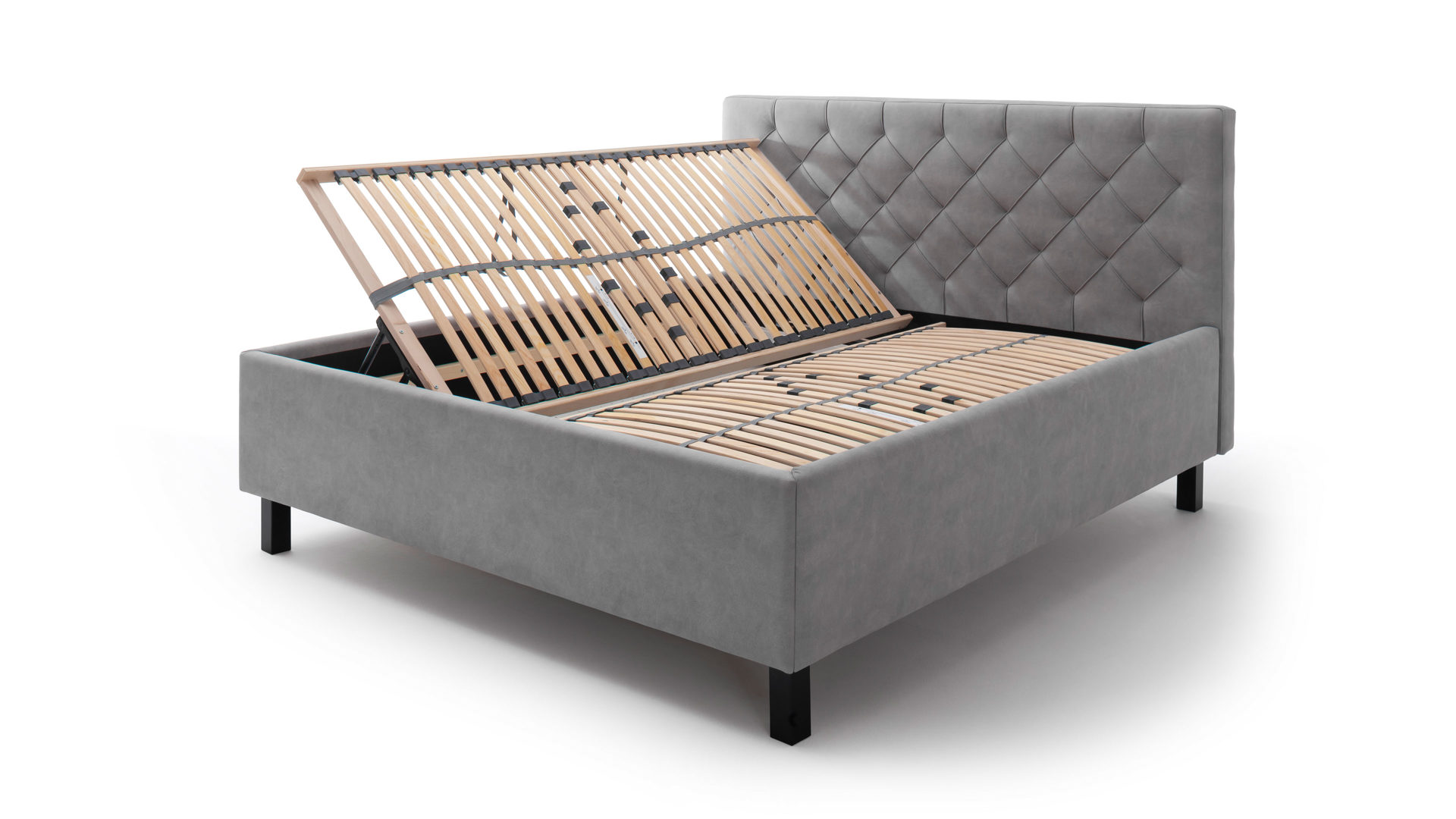 Polsterbett Meise.möbel aus Stoff in Hellgrau Polsterbett San Remo mit Bettkasten hellgrauer Bezug Bulus 32 & schwarze Holzfüße - Liegefläche ca. 180 x 200 cm