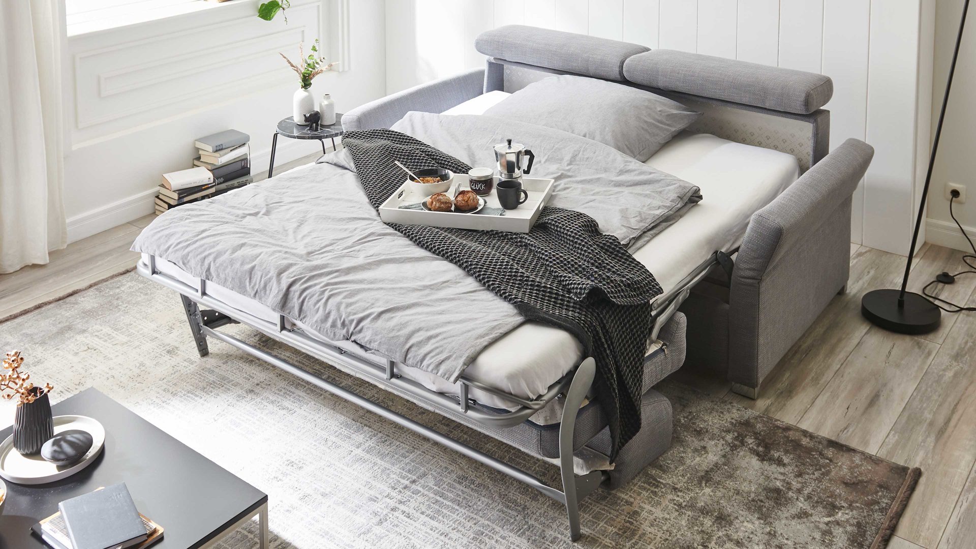 Schlafsofa comfortmaster besser sitzen, liegen, leben aus Stoff in Grau Comfortmaster Schlafsofa Maverick grauer Stoffbezug 55-6533 & Chromfüße - Breite ca. 160 cm