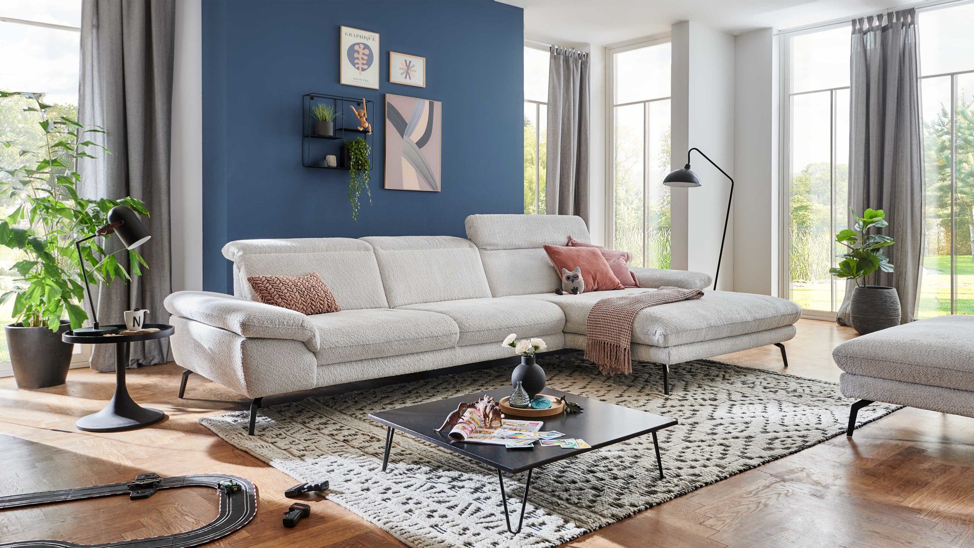 Ecksofa modulmaster aus Stoff in Hellgrau Modulmaster VS-MP1171 - Ecksofa silberfarbene Chenille Kama - Stellfläche ca. 306 x 196 cm