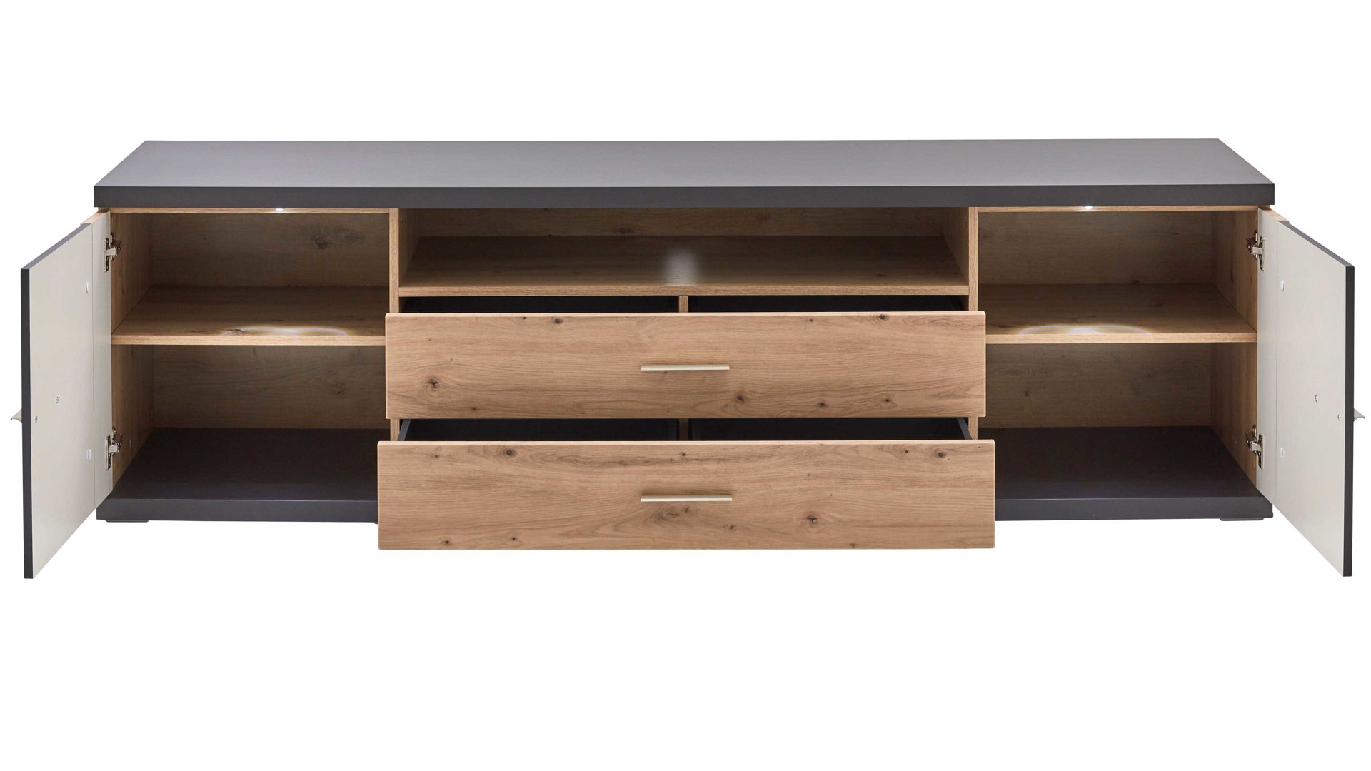 Wohnwand Ideal möbel aus Holz in Dunkelgrau Wohnkombination Manhattan - Wohnwand mit TV-Möbel Grau & Eiche Artisan – vierteilig, Breite ca. 322 cm