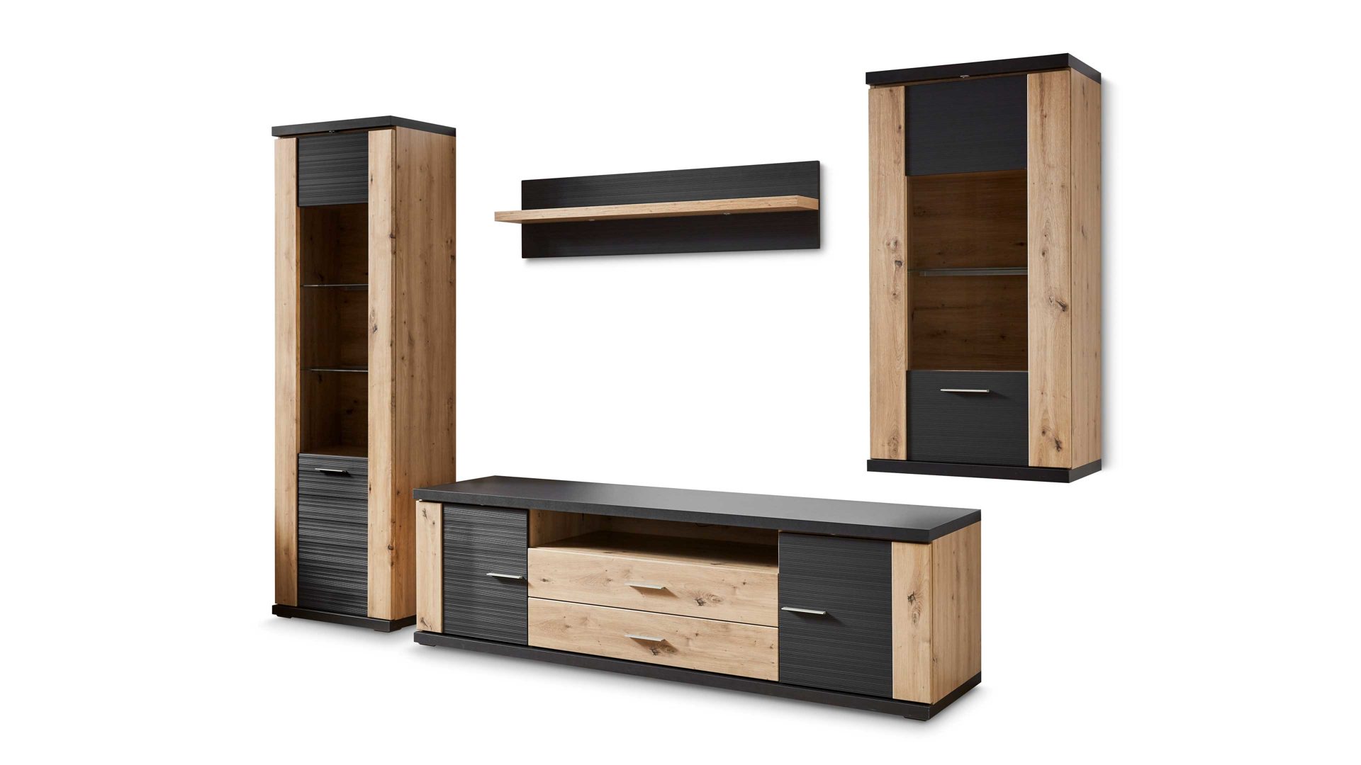 Wohnwand Ideal möbel aus Holz in Dunkelgrau Wohnkombination Manhattan - Wohnwand mit TV-Möbel Grau & Eiche Artisan – vierteilig, Breite ca. 322 cm