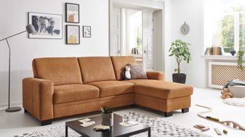 Ecksofa modulmaster aus Stoff in Orange Modulmaster MM-ZE1001 - Ecksofa zimtfarbene Mikrofaser Deluxe & schwarze Metallfüße - Stellfläche ca. 276 x 163 cm