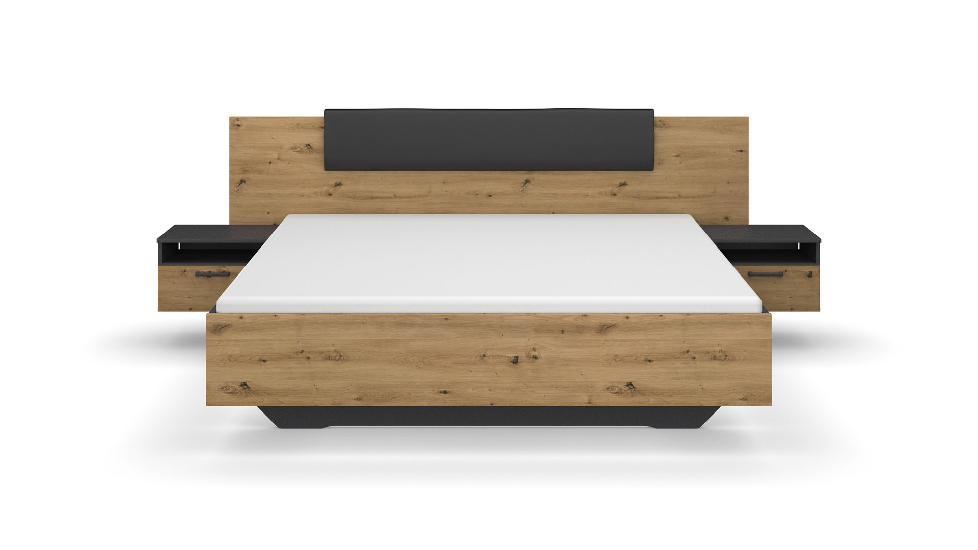 Doppelbett Rauch aus Holz in Grau rauch BLUE Miro - Bettgestell mit zwei Hängenachttischen Grau-Metallic & Eiche Artisan - Liegefläche ca. 180 x 200 cm