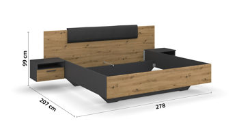 Doppelbett Rauch aus Holz in Grau rauch BLUE Miro - Bettgestell mit zwei Hängenachttischen Grau-Metallic & Eiche Artisan - Liegefläche ca. 180 x 200 cm