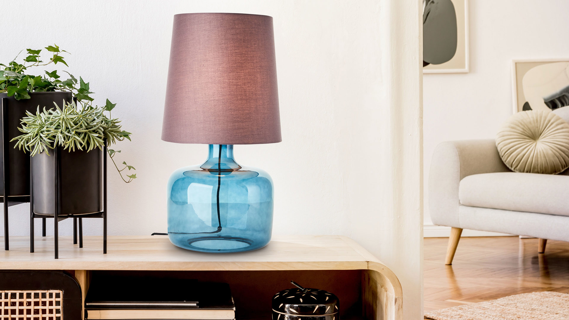 Tischleuchte Brilliant aus Glas in Blau Brilliant Lampen-Serie Hydra - Tischleuchte blaues Glas & taupefarbener Stoff - Höhe ca. 58 cm