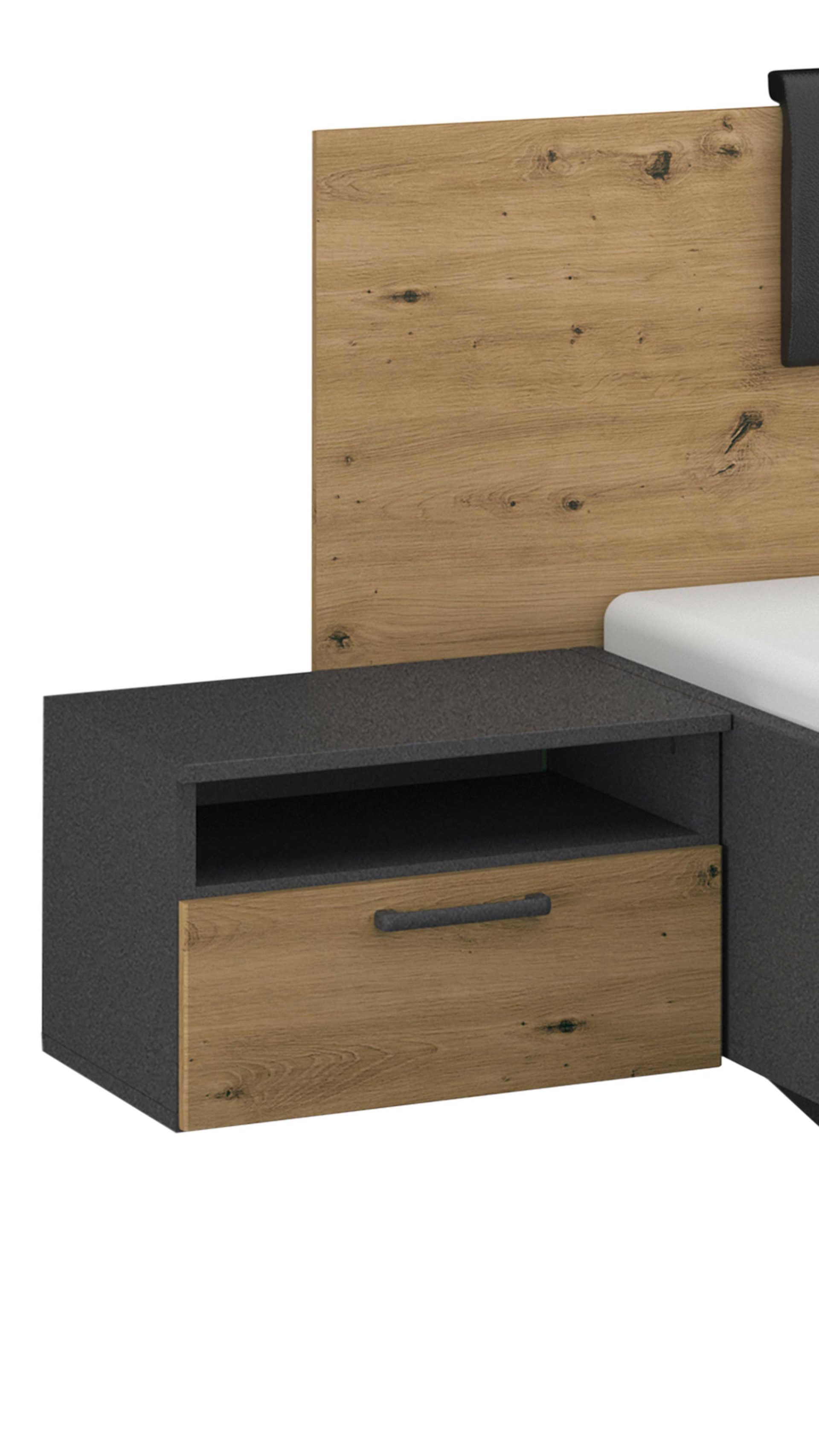 Doppelbett Rauch aus Holz in Grau rauch BLUE Miro - Bettgestell mit zwei Hängenachttischen Grau-Metallic & Eiche Artisan - Liegefläche ca. 180 x 200 cm