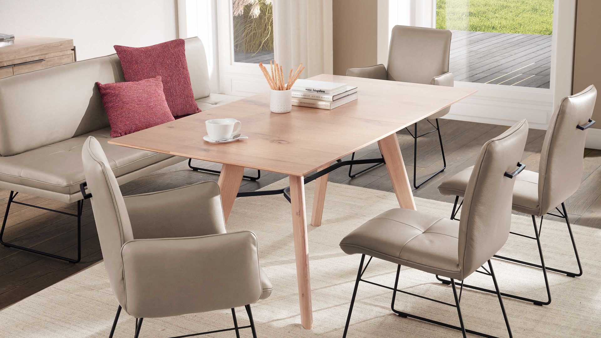 Auszugtisch combinessa aus Leder in Holzfarben Hell Combinessa Serie Ganza - Auszugtisch 5403 biancofarbene Asteiche - ca. 180 - 220 x 90 cm