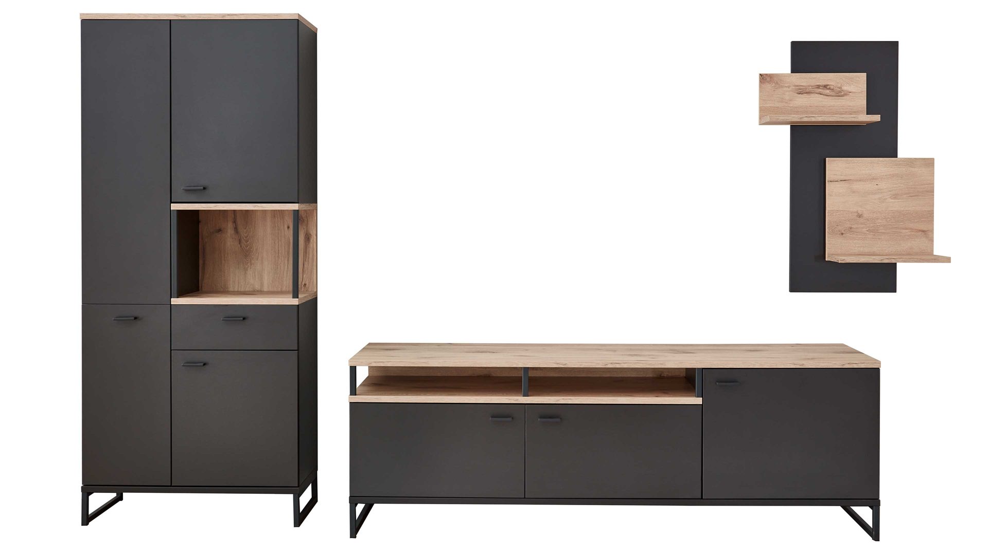 Wohnwand Ideal möbel aus Holz in Dunkelgrau Wohnmöbel Serie Mountain - Wohnwand Cosmosgrau & Eiche Viking - dreiteilig, Breite ca. 297 cm