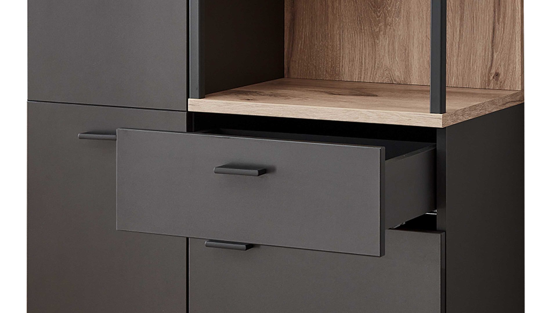 Wohnwand Ideal möbel aus Holz in Dunkelgrau Wohnmöbel Serie Mountain - Wohnwand Cosmosgrau & Eiche Viking - dreiteilig, Breite ca. 297 cm