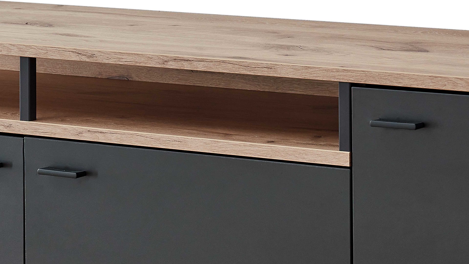 Lowboard Ideal möbel aus Holz in Dunkelgrau Wohnmöbel Serie Mountain - Lowboard Cosmosgrau & Eiche Viking - drei Türen, Länge ca. 180 cm