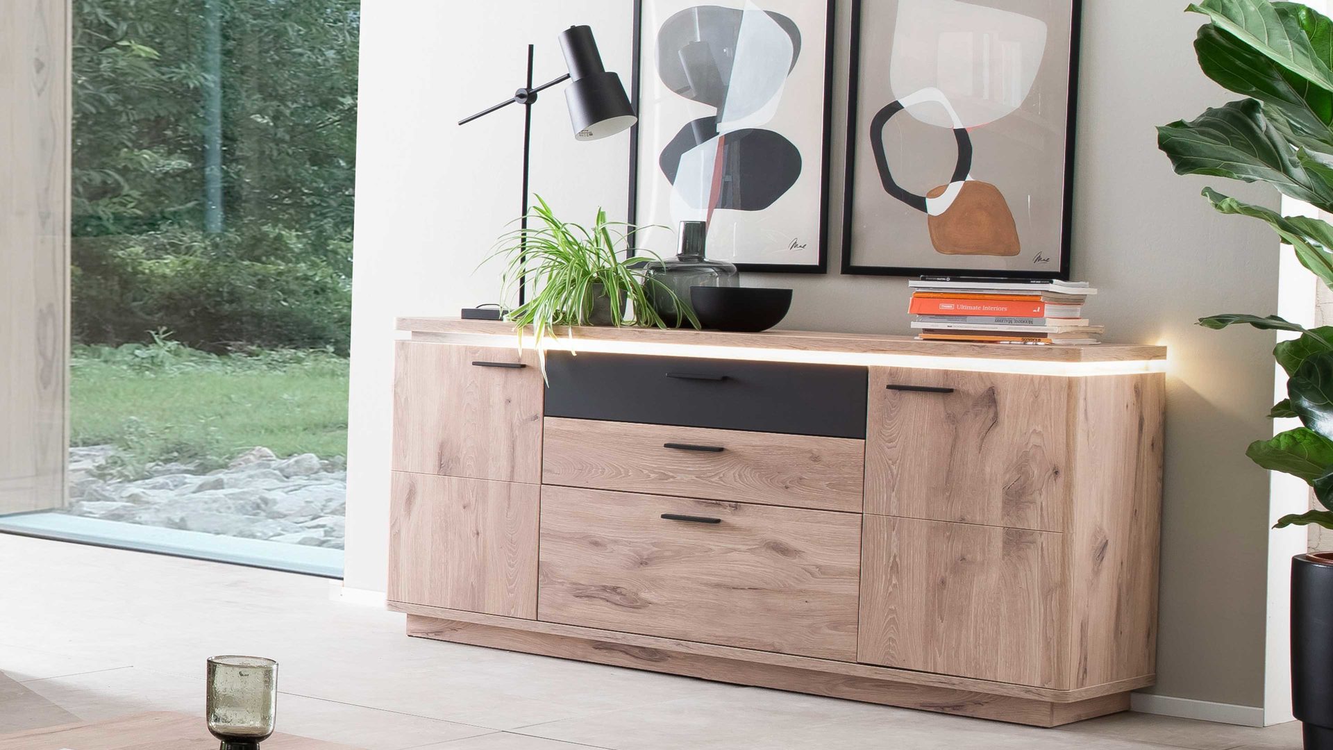 Sideboard Mca furniture aus Holz in Holzfarben Wohnprogramm Modena - Sideboard Viking Eiche - zwei Türen, drei Schubladen, Breite ca. 170 cm