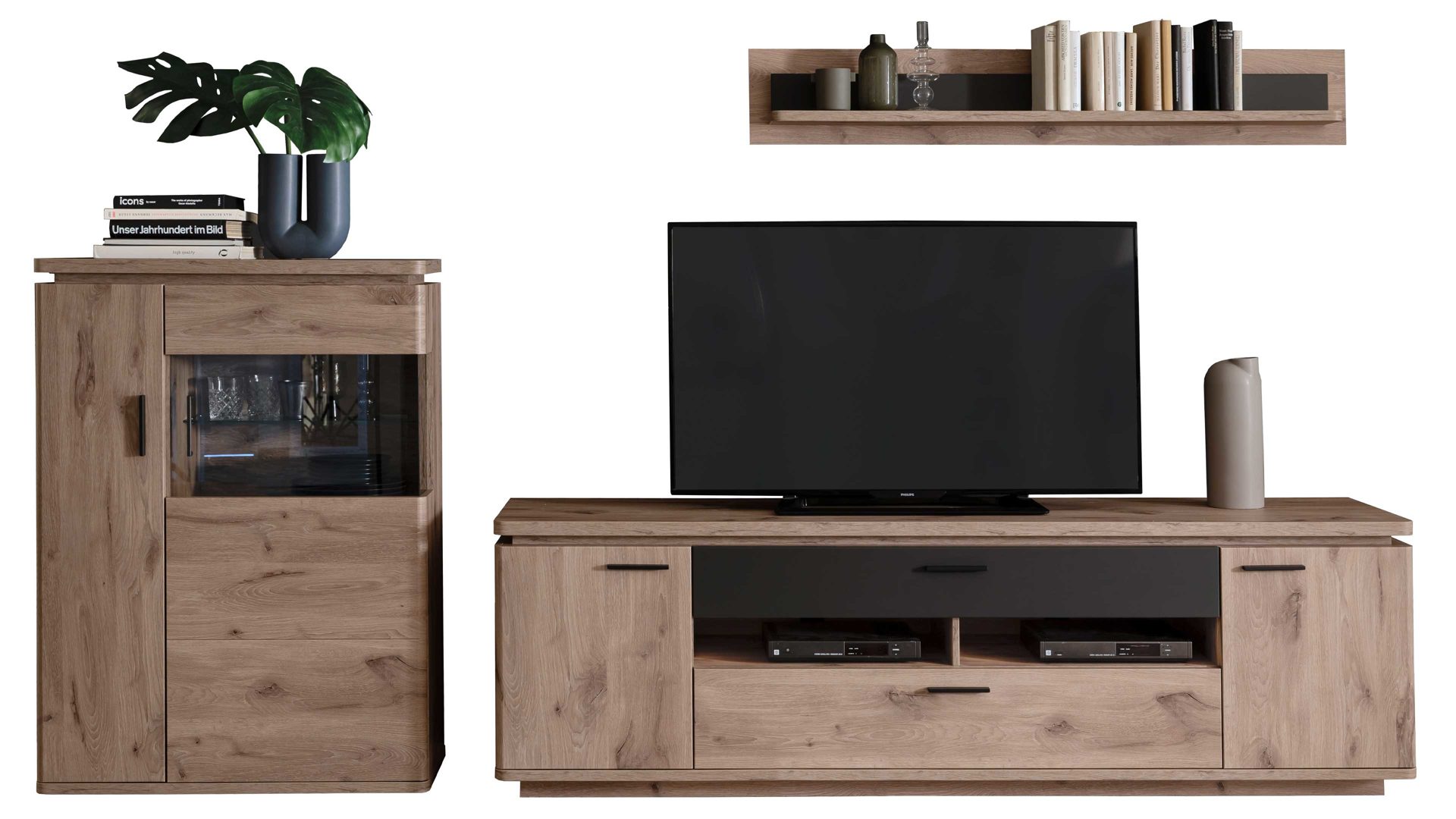 Wohnwand Mca furniture aus Holz in Holzfarben Wohnprogramm Modena - Wohnwand Set 3 Viking Eiche - dreiteilig, Breite ca. 310 cm