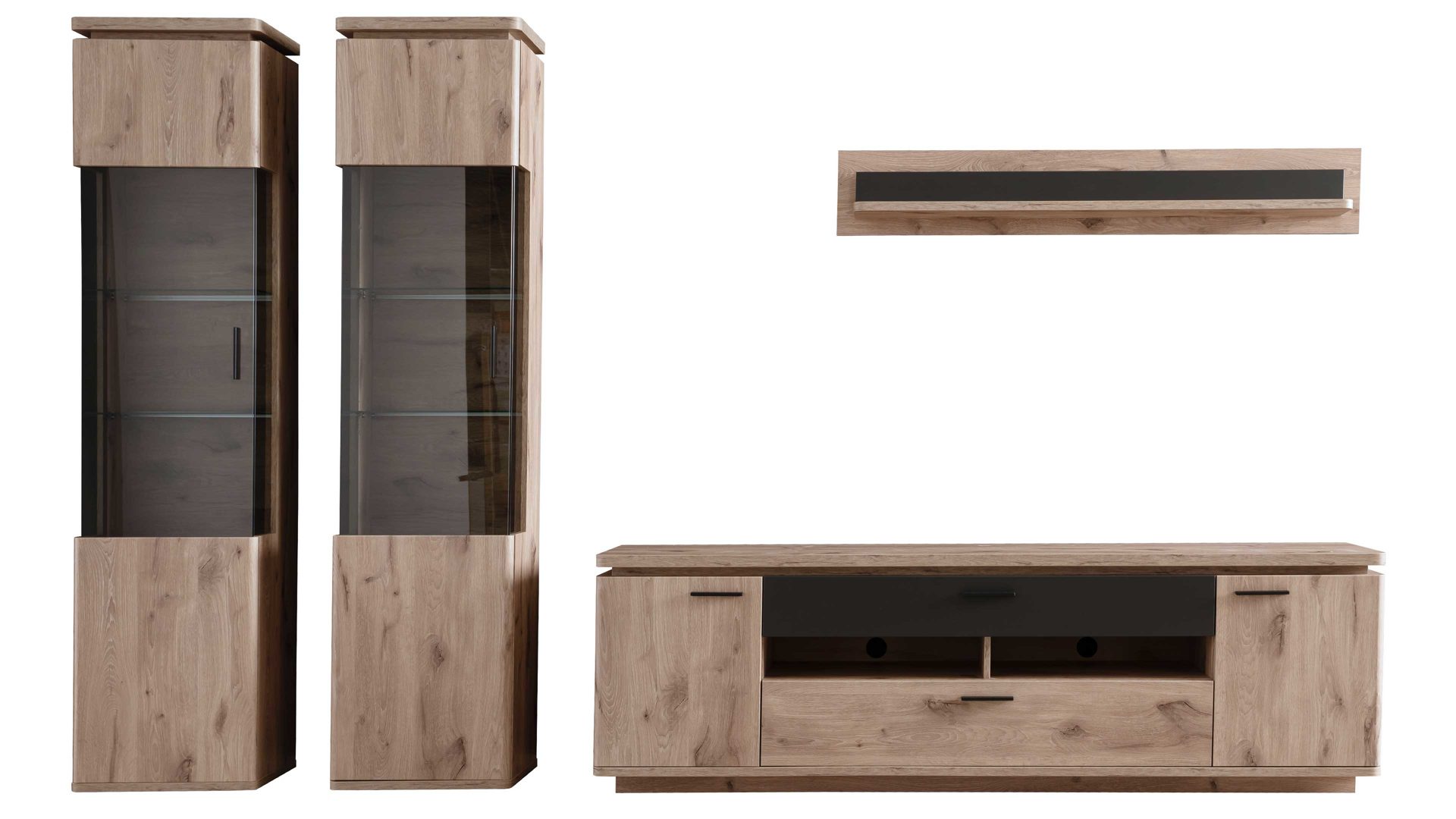 Wohnwand Mca furniture aus Holz in Holzfarben Wohnprogramm Modena - Wohnwand Set 2 Viking Eiche - vierteilig, Breite ca. 330 cm