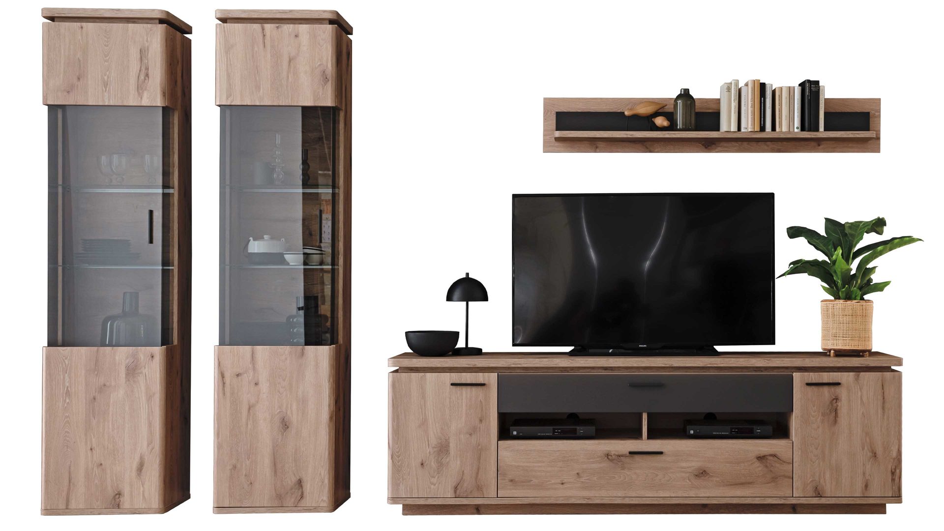 Wohnwand Mca furniture aus Holz in Holzfarben Wohnprogramm Modena - Wohnwand Set 2 Viking Eiche - vierteilig, Breite ca. 330 cm