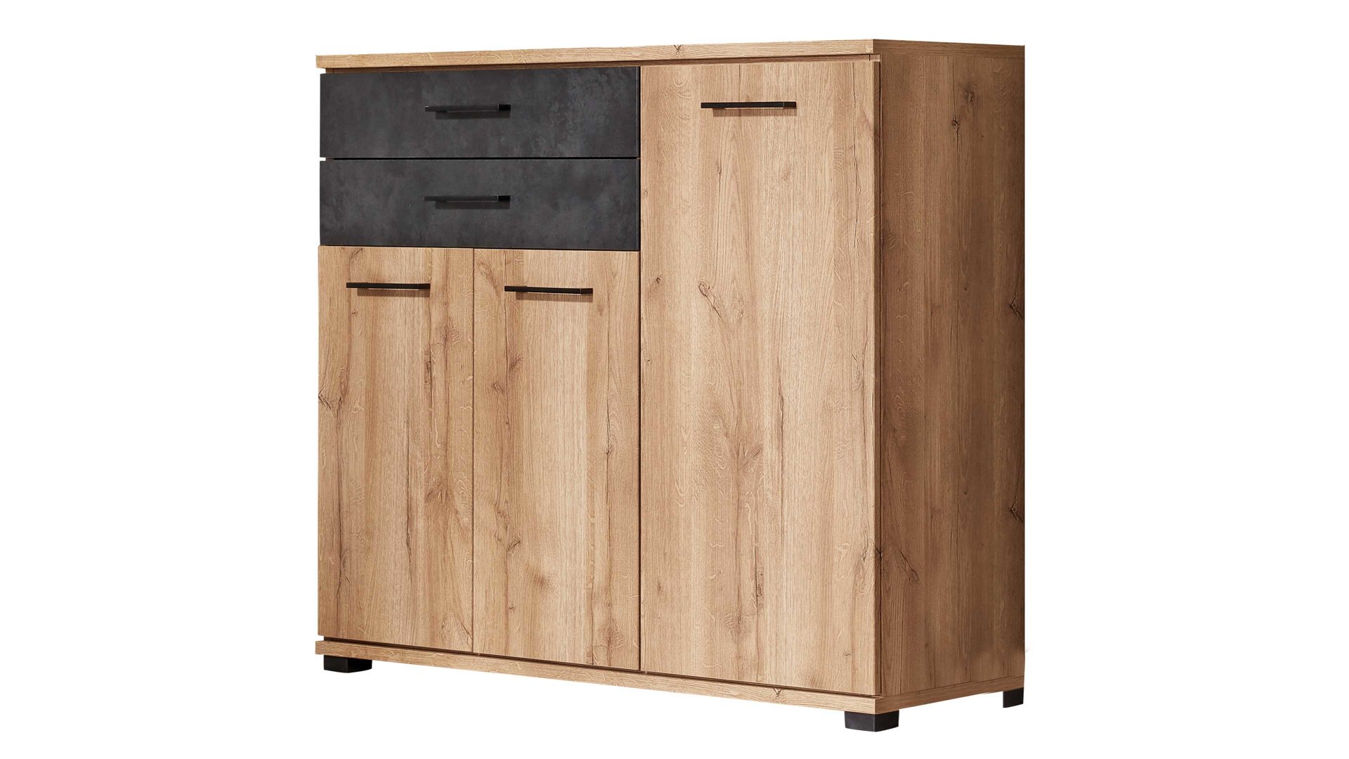 Highboard Interliving aus Holz in Holzfarben Interliving Jugendzimmer Serie 1701 - Highboard Riss-Eiche & Schiefer anthrazit - drei Türen, zwei Schubladen
