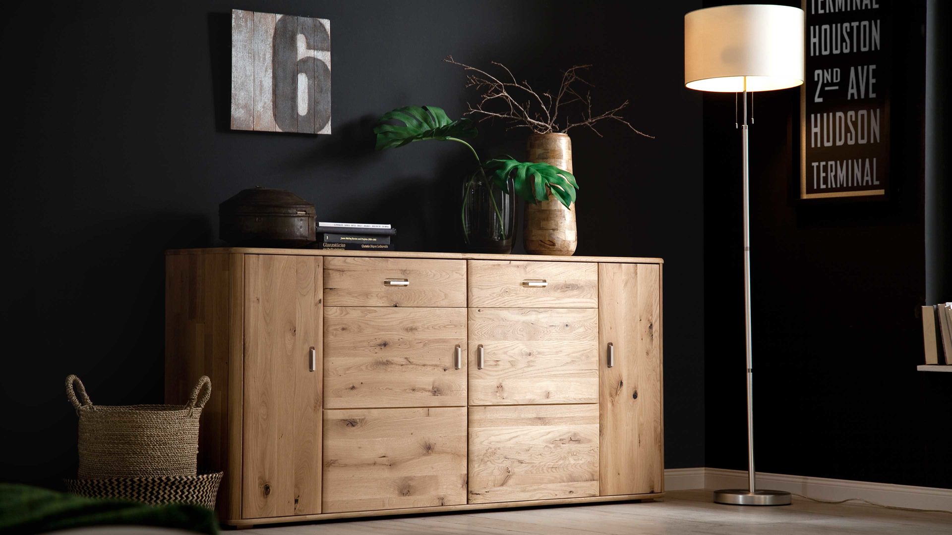 Sideboard Mca furniture aus Holz in Holzfarben Sideboard Ravello biancofarbene Balkeneiche – drei Türen, zwei Schubladen