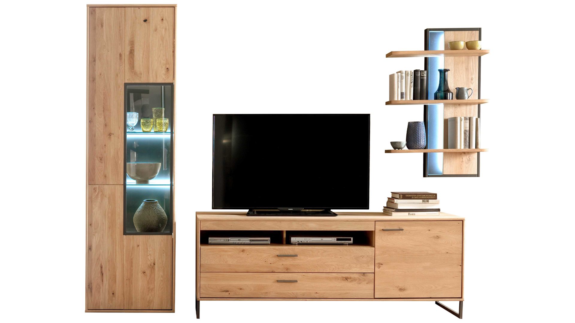 Wohnwand Mca direkt aus Holz in Holzfarben Wohnprogramm Portland - Wohnwand Asteiche bianco & Anthrazit – dreiteilig, Breite ca. 298 cm