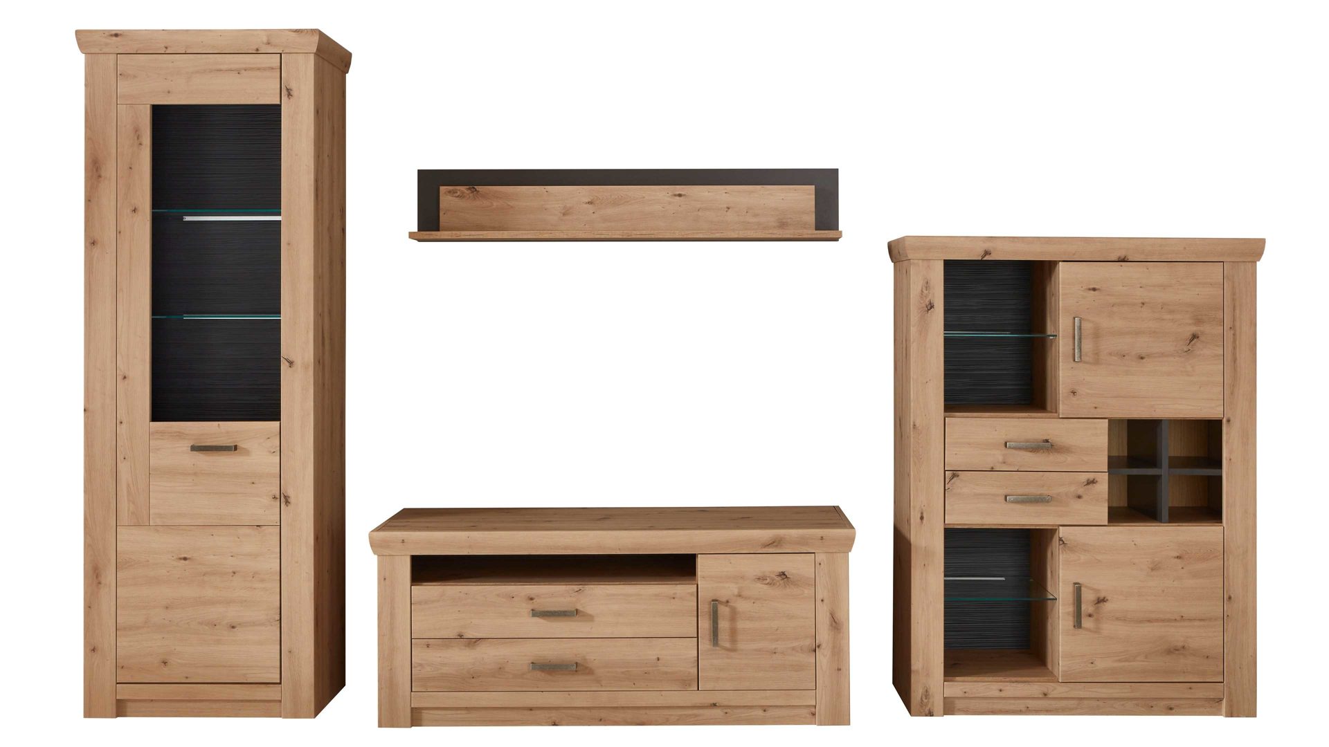 Wohnwand Mca furniture aus Holz in Holzfarben Wohnprogramm Meran - Wohnwand I Balkeneiche & Anthrazit – vierteilig, Breite ca. 336 cm