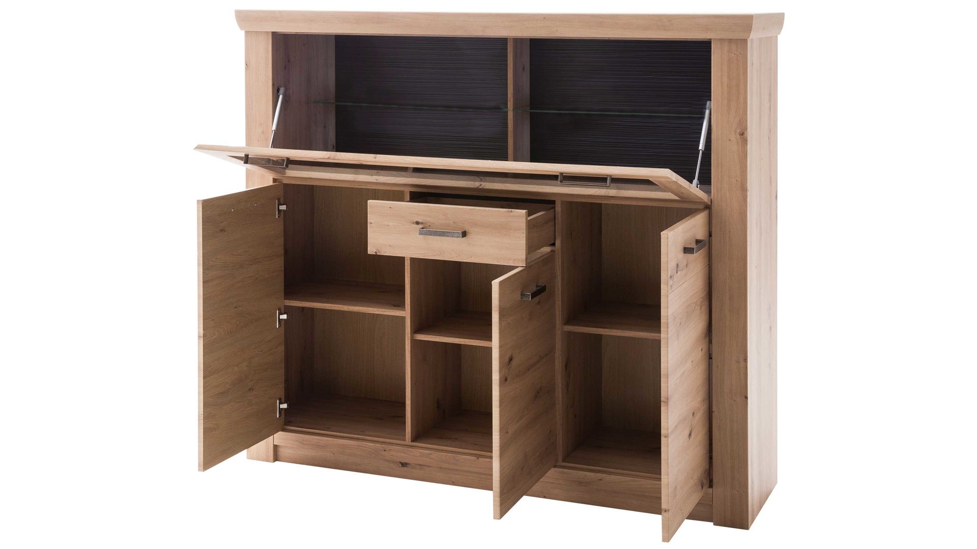 Highboard Mca furniture aus Holz in Holzfarben Wohnprogramm Meran - Highboard Balkeneiche & Anthrazit – drei Türen, eine Schublade, Breite ca. 164 cm