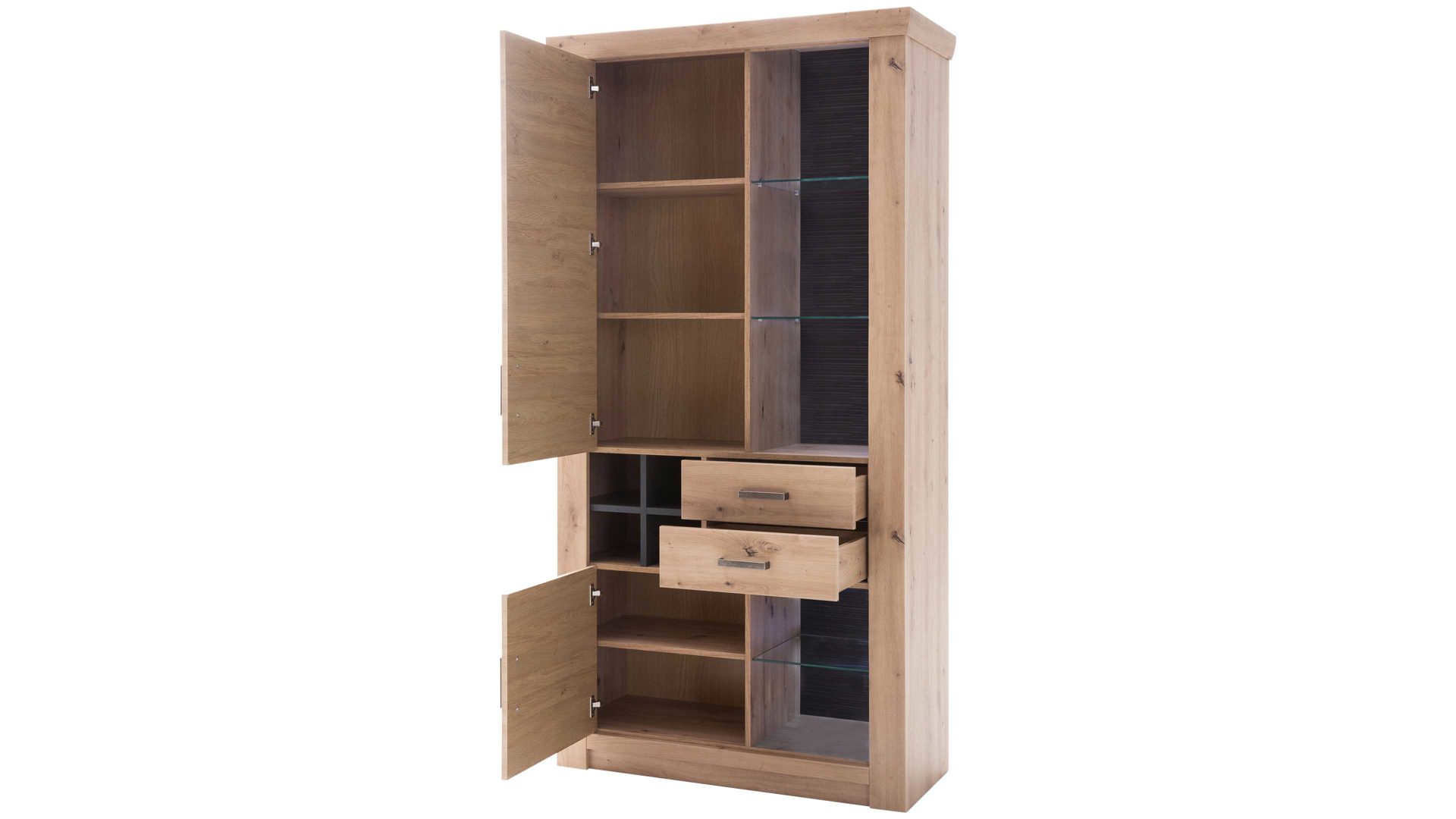 Vitrine Mca furniture aus Holz in Holzfarben Wohnprogramm Meran - Vitrine Balkeneiche & Anthrazit – zwei Türen, zwei Schubladen, Breite ca. 110 cm
