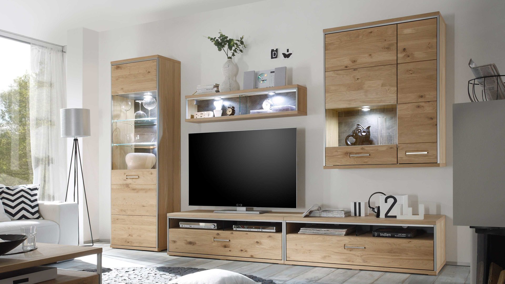 Wohnwand Mca furniture aus Holz in Holzfarben Wohnprogramm Espero - Wohnwand W02 Asteiche bianco – fünfteilig, Breite ca. 321 cm