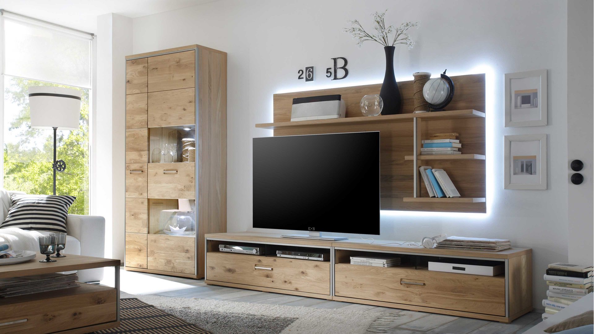 Wohnwand Mca furniture aus Holz in Holzfarben Wohnprogramm Espero - Wohnwand W03 Asteiche bianco – vierteilig, Breite ca. 351 cm