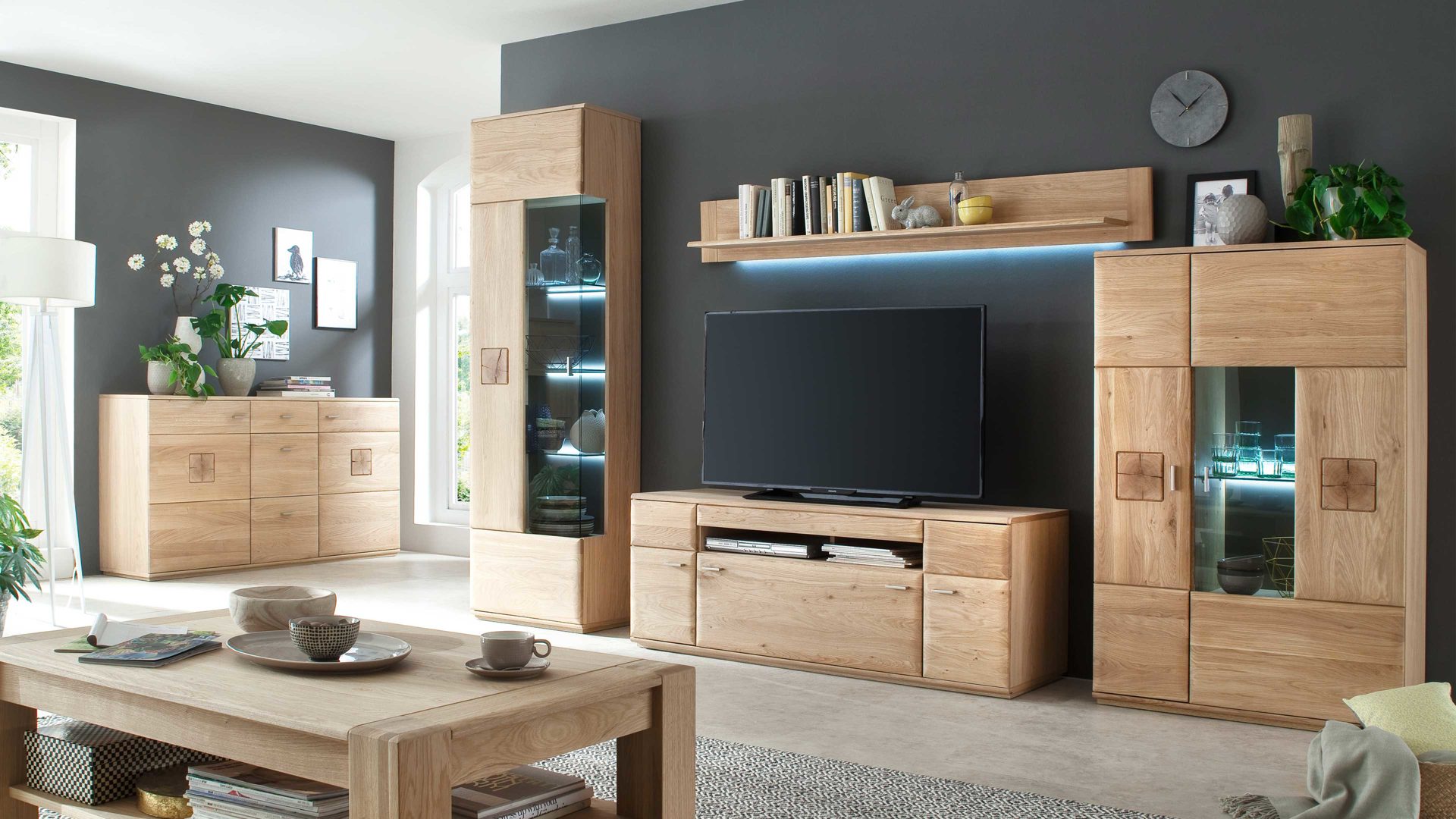 Wohnwand Mca furniture aus Holz in Holzfarben Wohnprogramm Bologna - Wohnwand W01 Eiche Bianco & Hirnholz – vierteilig, Breite ca. 320 cm