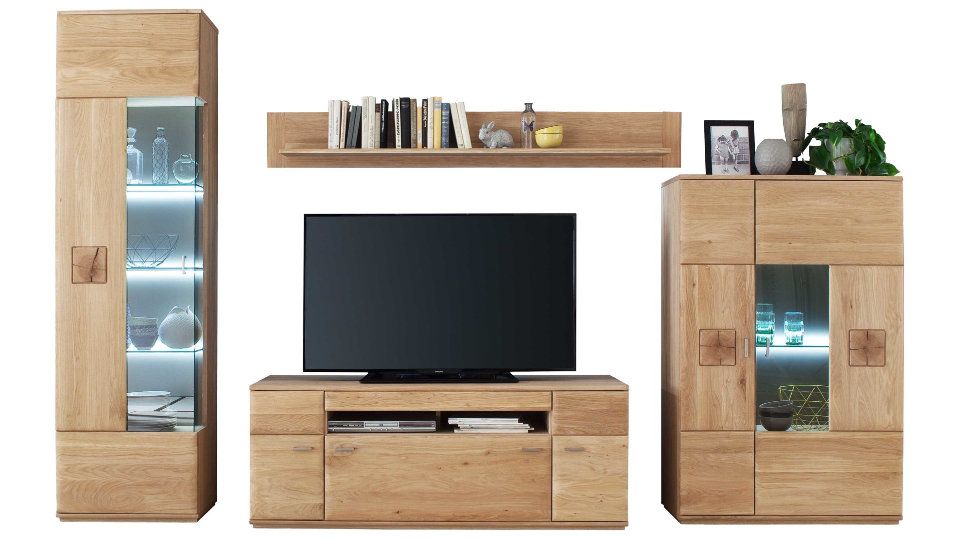 Wohnwand Mca furniture aus Holz in Holzfarben Wohnprogramm Bologna - Wohnwand W01 Eiche Bianco & Hirnholz – vierteilig, Breite ca. 320 cm