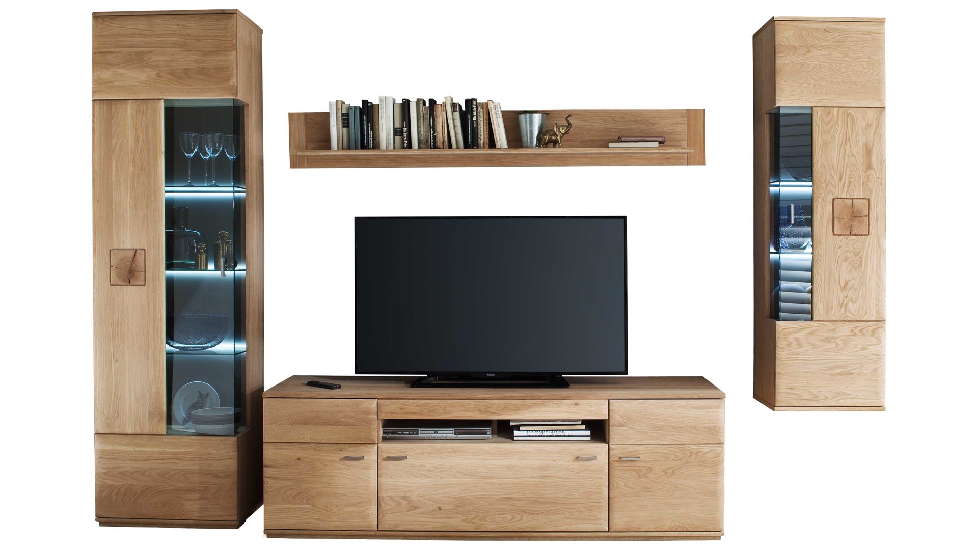 Wohnwand Mca furniture aus Holz in Holzfarben Wohnprogramm Bologna - Wohnwand W02 Eiche Bianco & Hirnholz – vierteilig, Breite ca. 320 cm