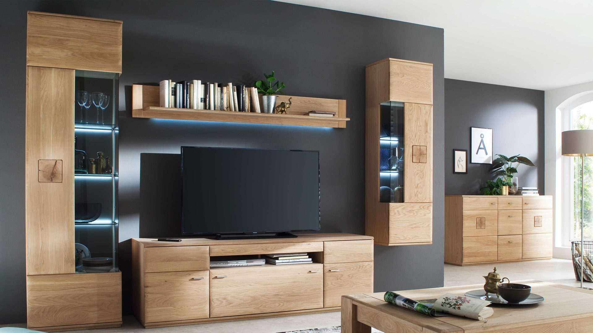 Wohnwand Mca furniture aus Holz in Holzfarben Wohnprogramm Bologna - Wohnwand W02 Eiche Bianco & Hirnholz – vierteilig, Breite ca. 320 cm