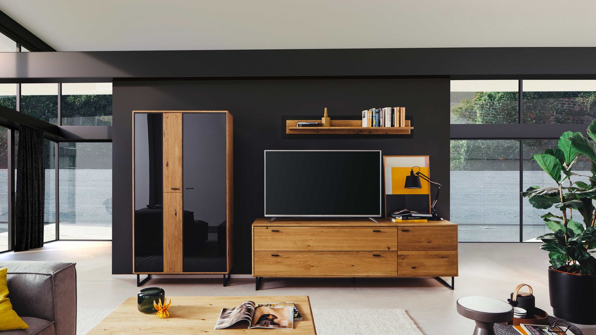 Wohnwand Mca furniture aus Holz in Holzfarben Wohnprogramm Arezzo - Wohnwand Wildeiche & Anthrazit - dreiteilig, Breite ca. 319 cm