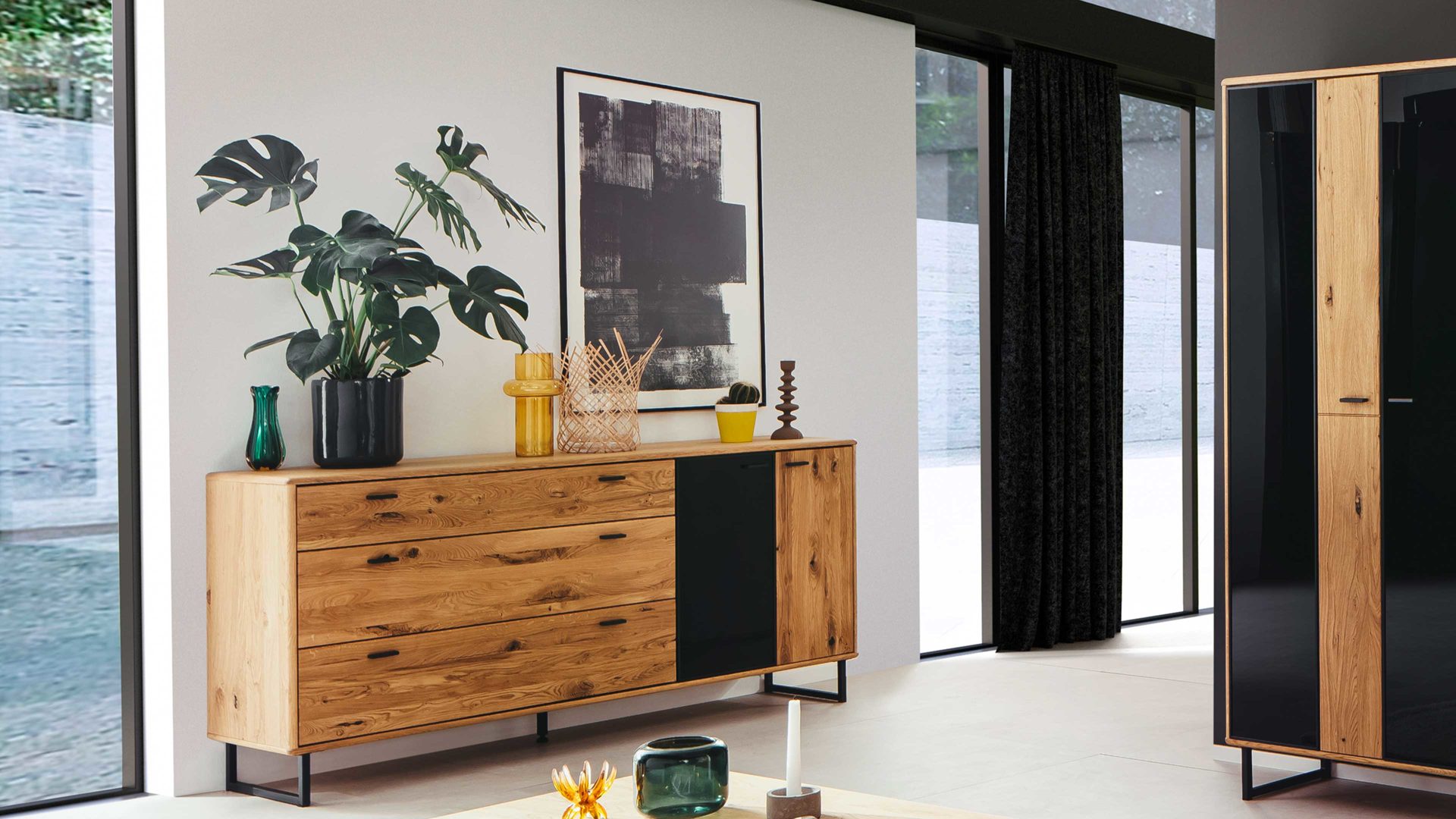 Sideboard Mca furniture aus Holz in Holzfarben Wohnprogramm Arezzo - Sideboard Wildeiche & Anthrazit - zwei Türen, drei Schubladen, Breite ca. 180 cm