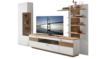 Wohnwand MIVIVO aus Holz in Weiß MIVIVO Wohnprogramm Fresno - Wohnwand Mattweiß & Artisan Eiche - dreiteilig, Breite ca. 296 cm